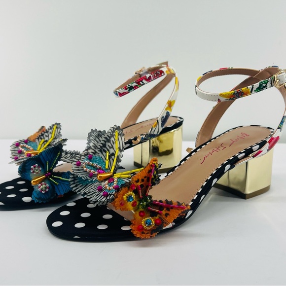 Betsey Johnson Black and Gold Heels with Floral and Butterfly Design - Picture 2 of 12
